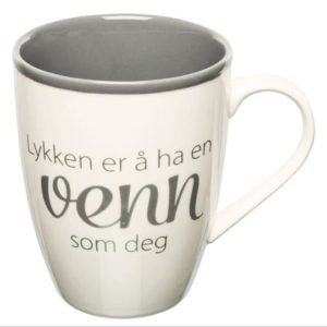 Kopp Lykken...venn hvit m/grå tekst